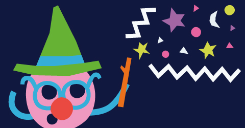 Bibliotekets maskot med häxhatt på huvudet och trollstav i handen