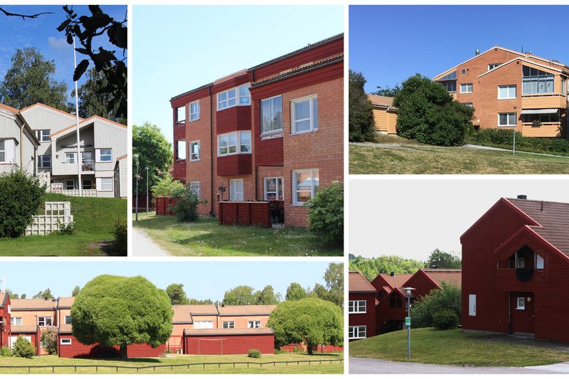 kollage över flerbostadshus i tegel och trä