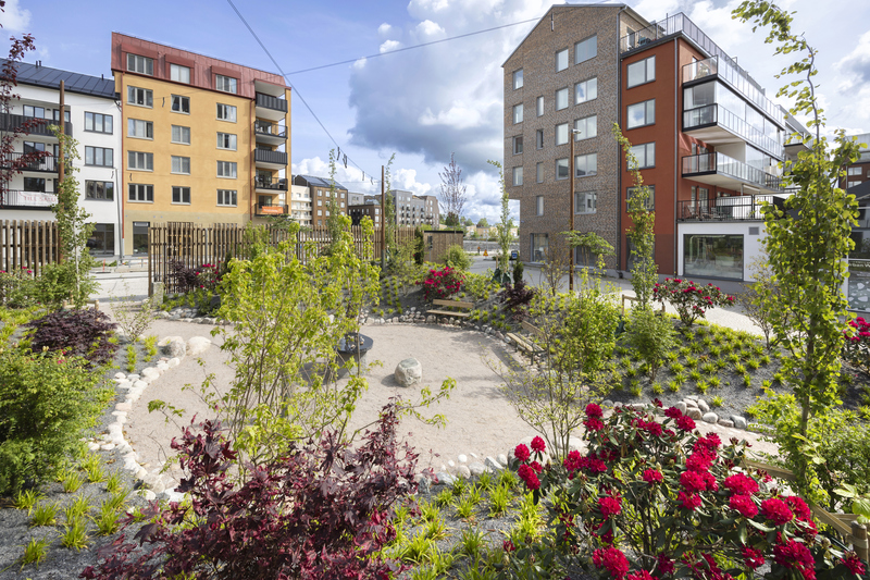 Parkmilj&ouml; med hus i bakgrunden