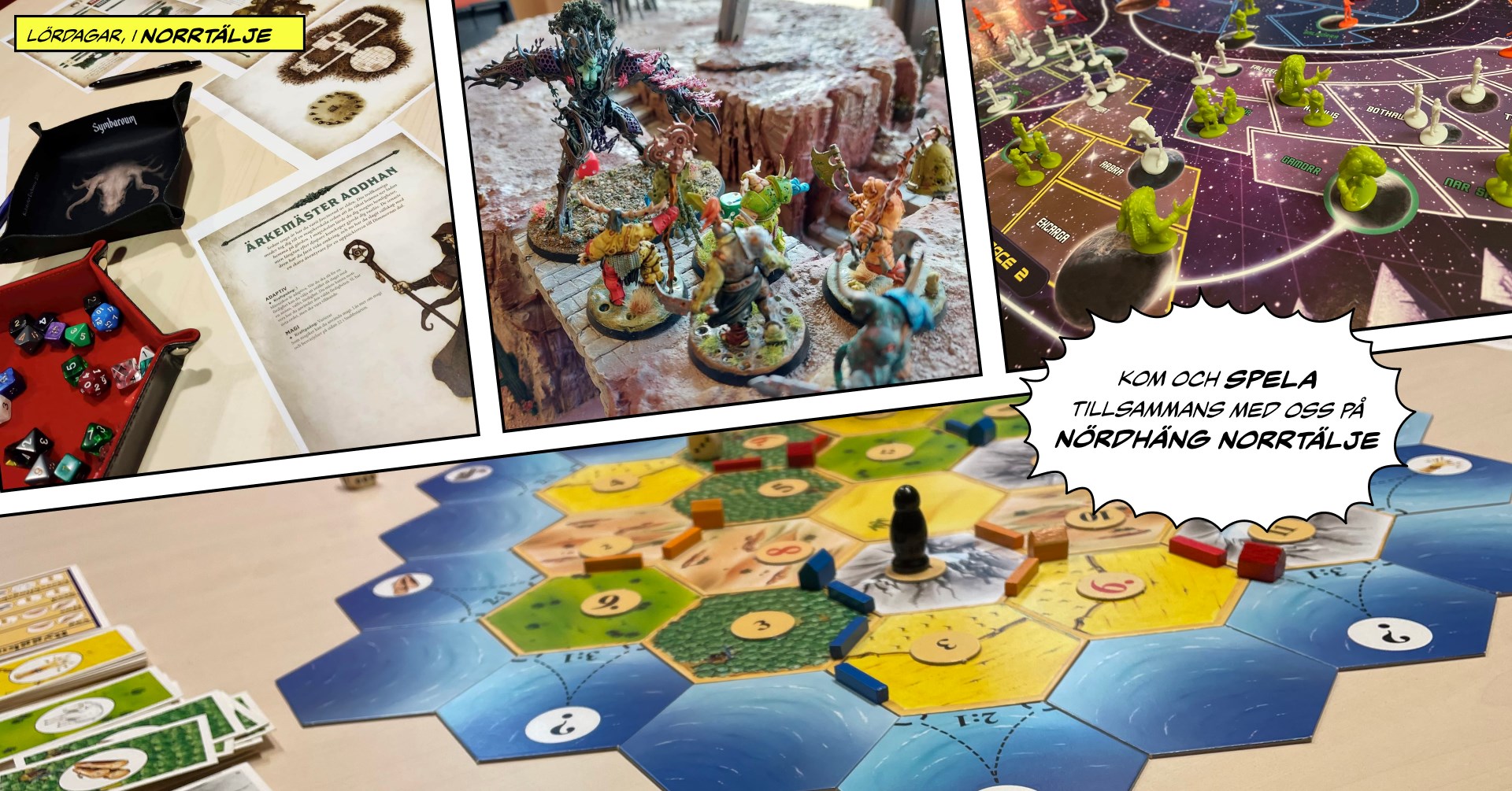 Bild som visar olika spel och en uppmaning att komma och spela med Nördhäng Norrtälje