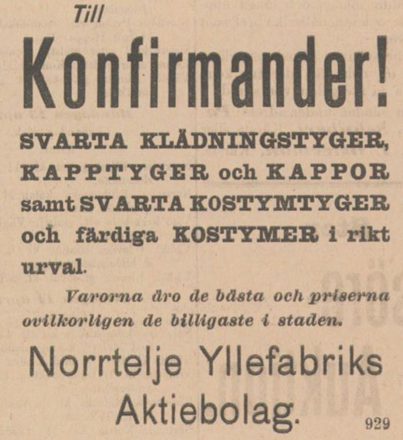 Annons fr&aring;n Yllefabriken fr&aring;n 1903. Annonsen uppmanar konfirmander att k&ouml;pa sina tyger p&aring; Yllefabriken.