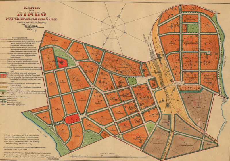 Kartutsnitt Stadsplan f&ouml;r Rimbo municipalsamh&auml;lle fr&aring;n &aring;r 1920