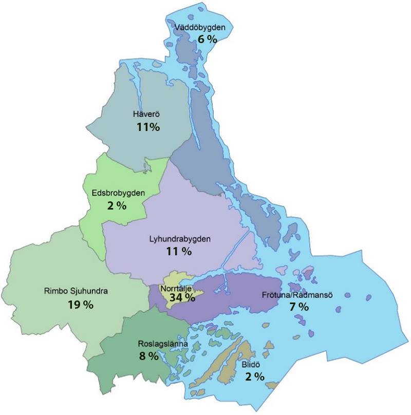 Karta med folkmängden (andel av kommunen)i de olika bygderna i Norrtälje kommun