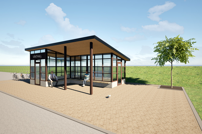 Illustration av liten byggnad i glas med sedumtak.