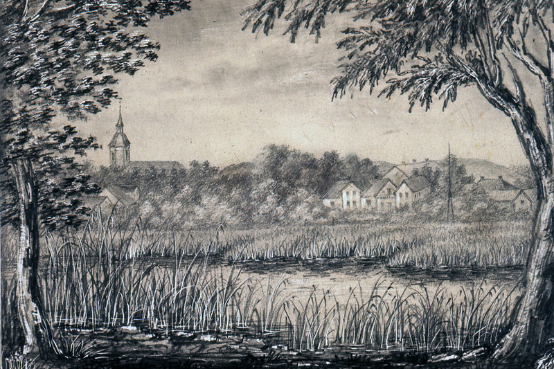 Teckning fr&aring;n 1882, J&auml;rnv&auml;gens t&auml;nkta hamnplats