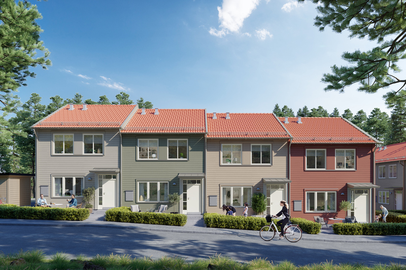 Illustartion som visar framsidan av en radhuslänga, i förgrunden en väg med en cyklist, i bakgrunden blå himmel.