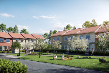 Visionsbild på radhus med omgivande grönytor där folk har picknick