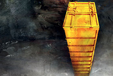 Svart bakgrund och gul container