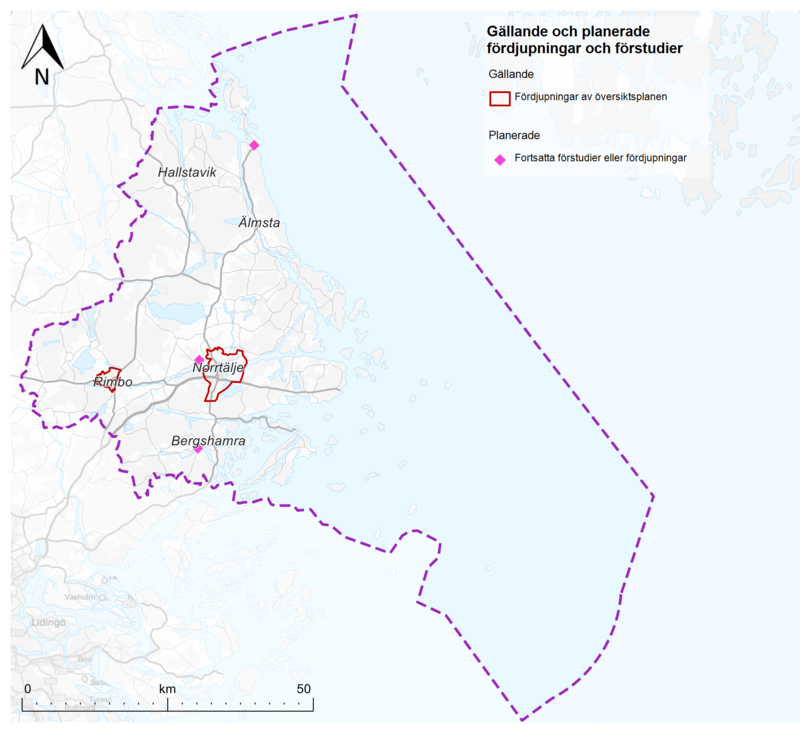 Karta som visar g&auml;llande och planerade f&ouml;rdjupningar och till&auml;gg av &ouml;versiktsplanen.