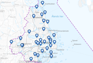 Karta över kommunen med punkter som visar varje badplats position