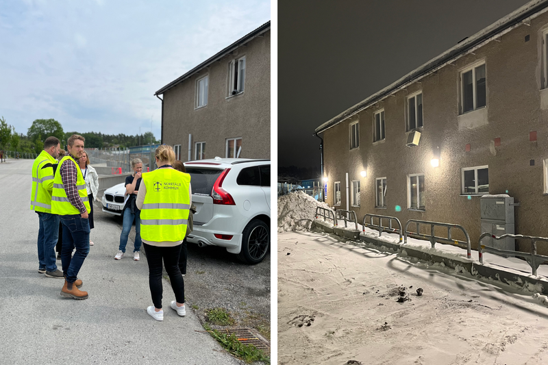 Personer som st&aring;r utanf&ouml;r en byggnad utan belysning. Samma byggnad efter att belysning har satts upp.