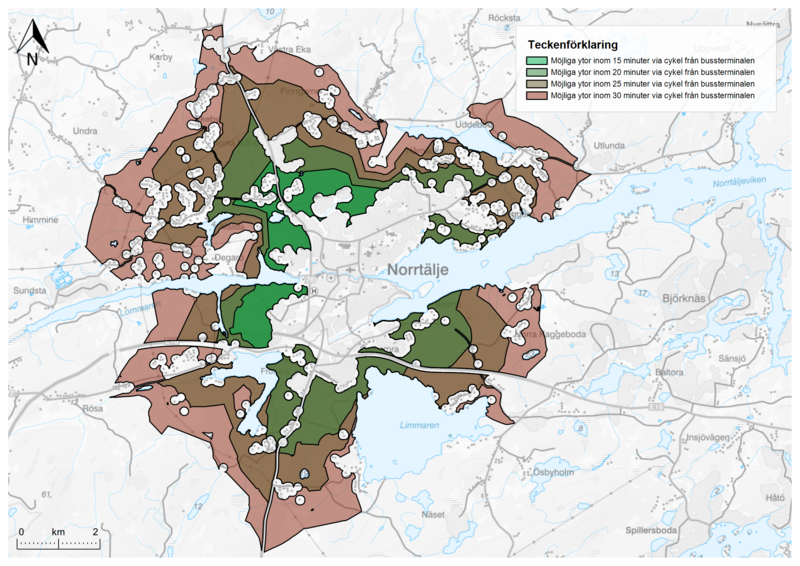Karta &ouml;ver Norrt&auml;lje stad med omland som redovisar omr&aring;den som &auml;r tillg&auml;ngliga inom olika tidsintervall med cykel