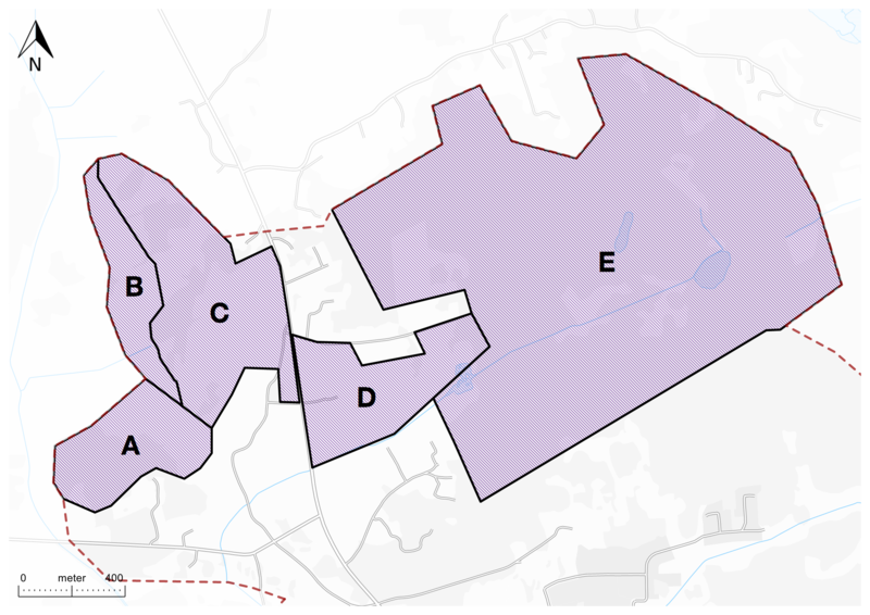 Karta &ouml;ver N&aring;n&ouml;-Fyrken som visar fem delomr&aring;den med bokstaverna A till E p&aring; dem