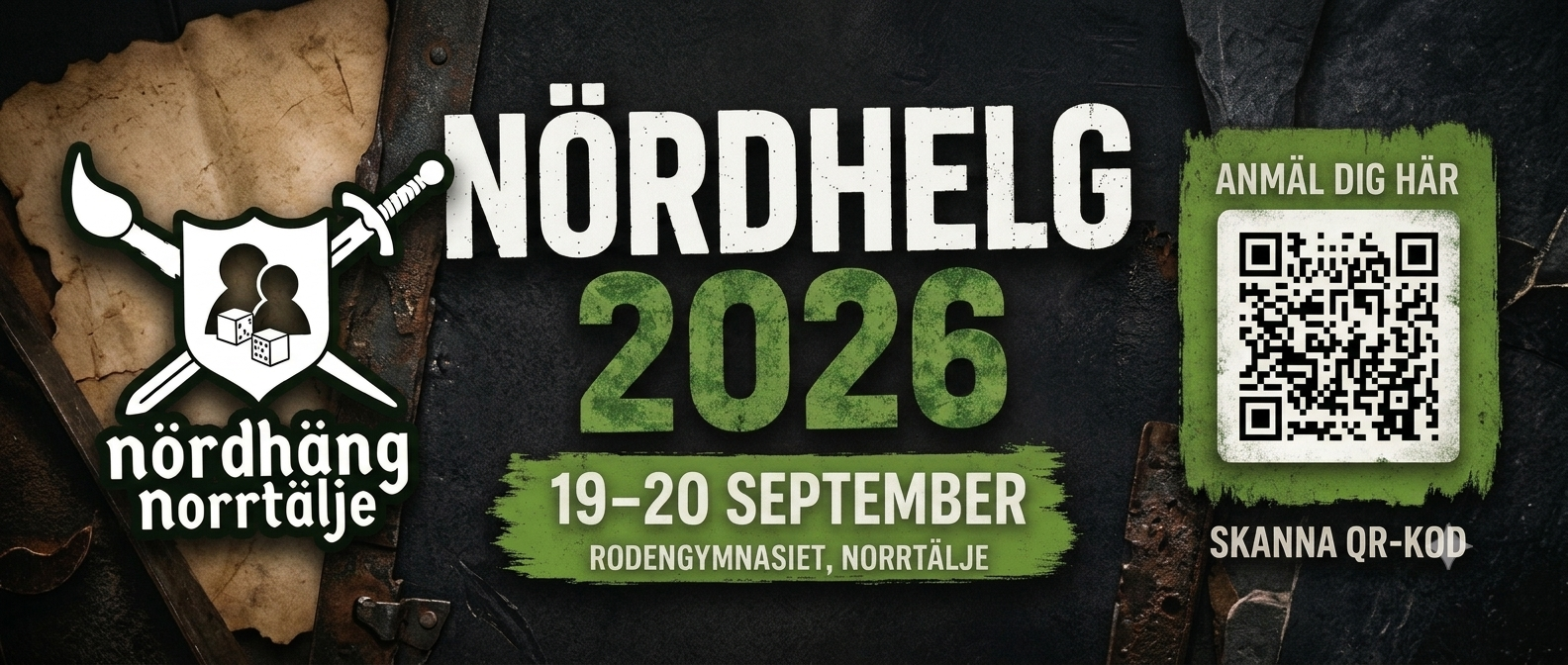 En bild som anger att Nördhäng Norrtälje anordnar Nördhelg den 19-20 september