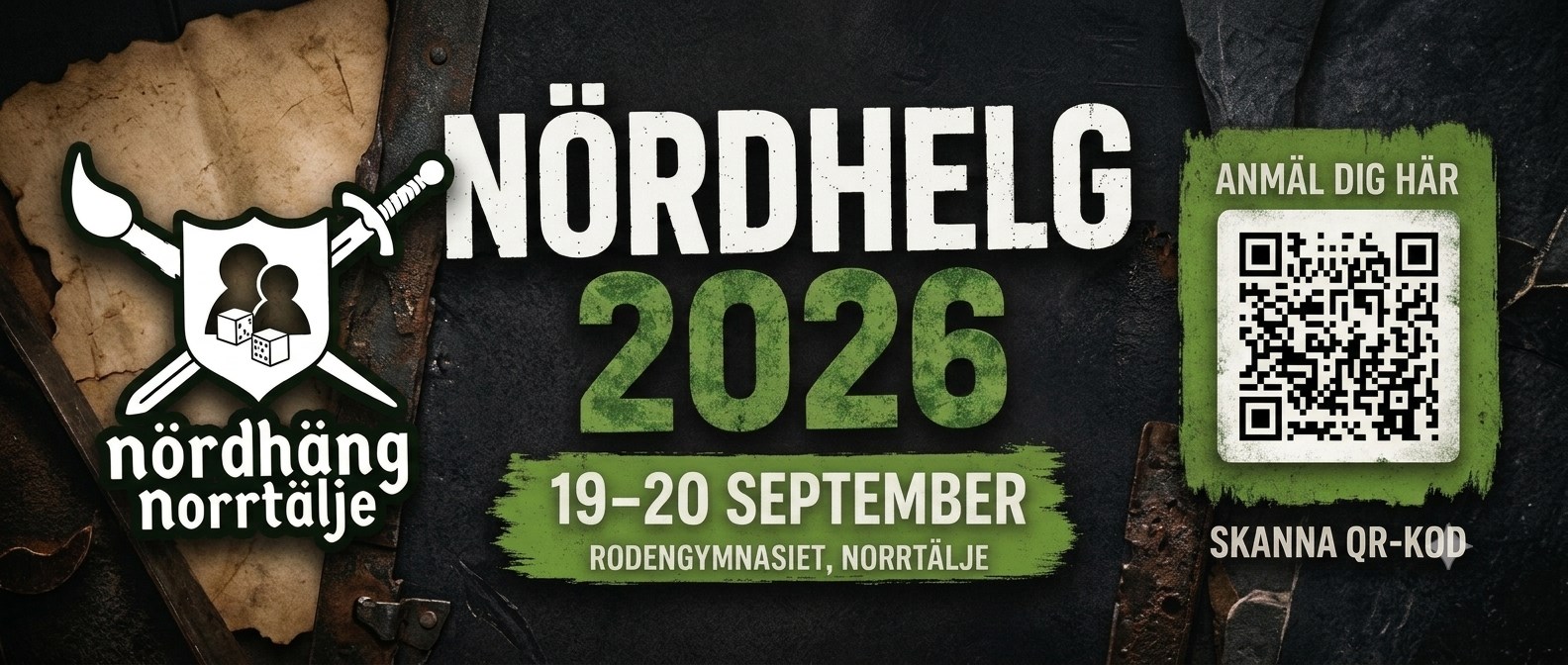 En bild som anger att Nördhäng Norrtälje anordnar Nördhelg den 19-20 september
