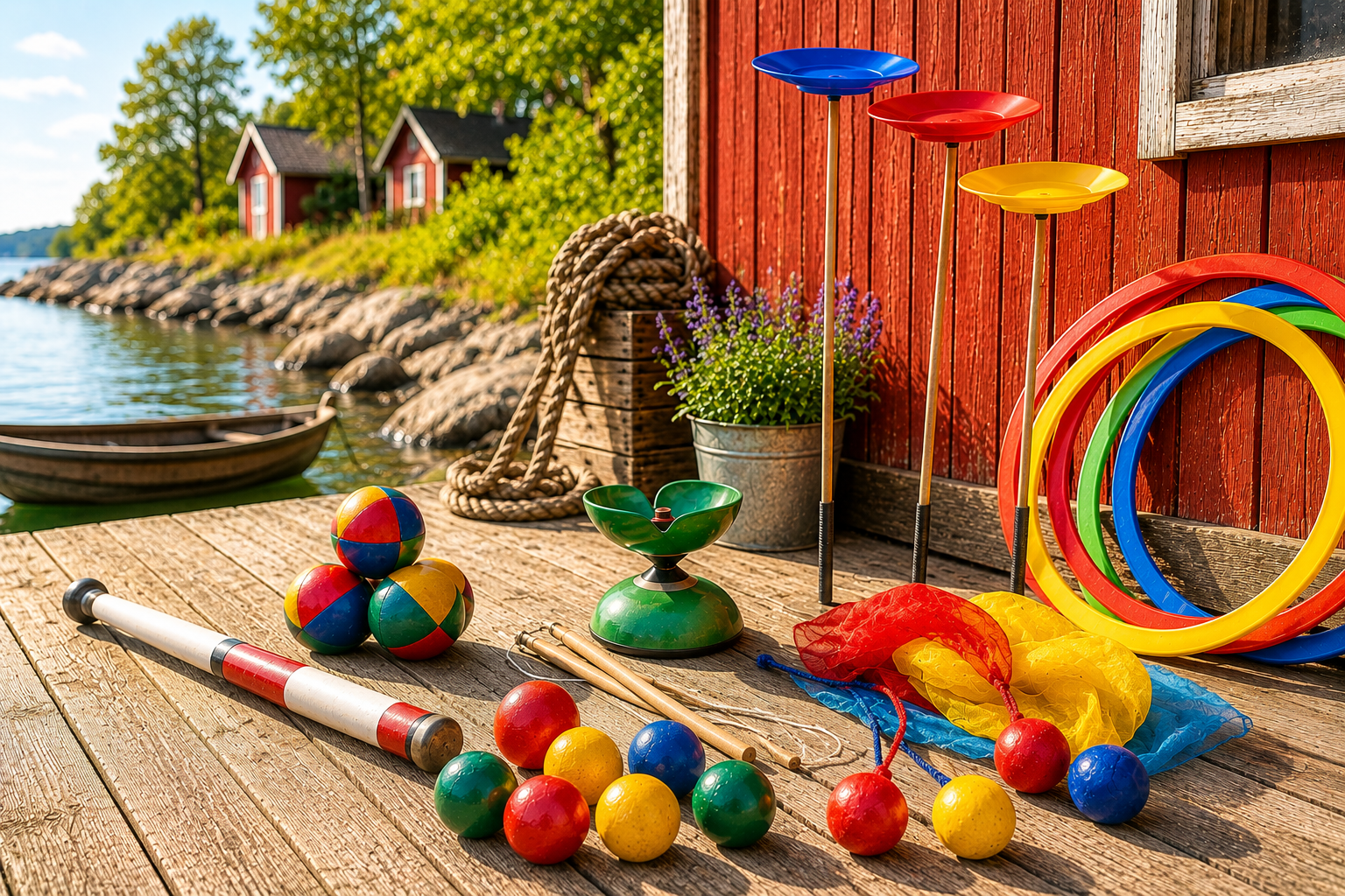 Olika cirkusföremål som går att jonglera med 