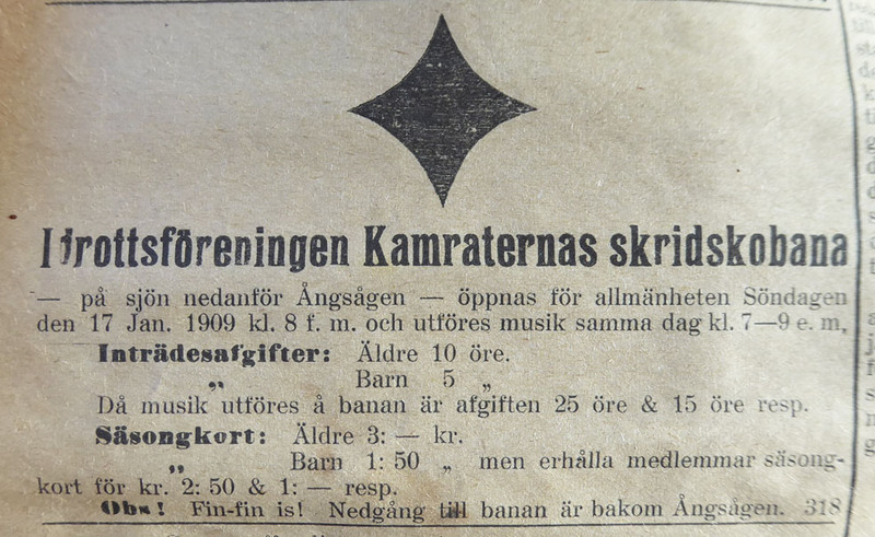 Annons fr&aring;n Norrtelje tidning 1909-01-16. Annonsen handlar om att skidskobanan i hamnen &ouml;ppnar f&ouml;r allm&auml;nheten.