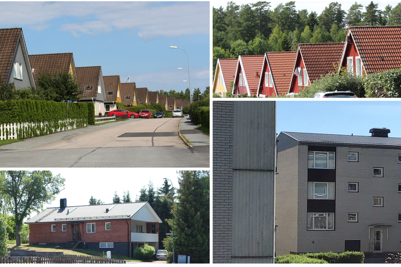 Kollage som visar bilder på hus med sluttande sadeltak och flerbostadshus.