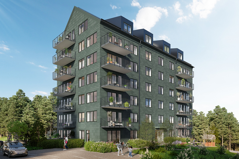 Illustration som föreställer en grön fastighet med balkonger, kring byggnaden träd och grönytor.