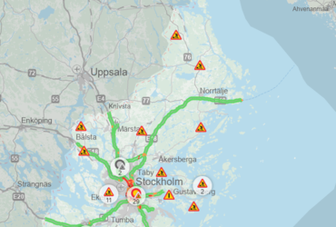 Karta från trafiken.nu som visar trafikläget med ikoner