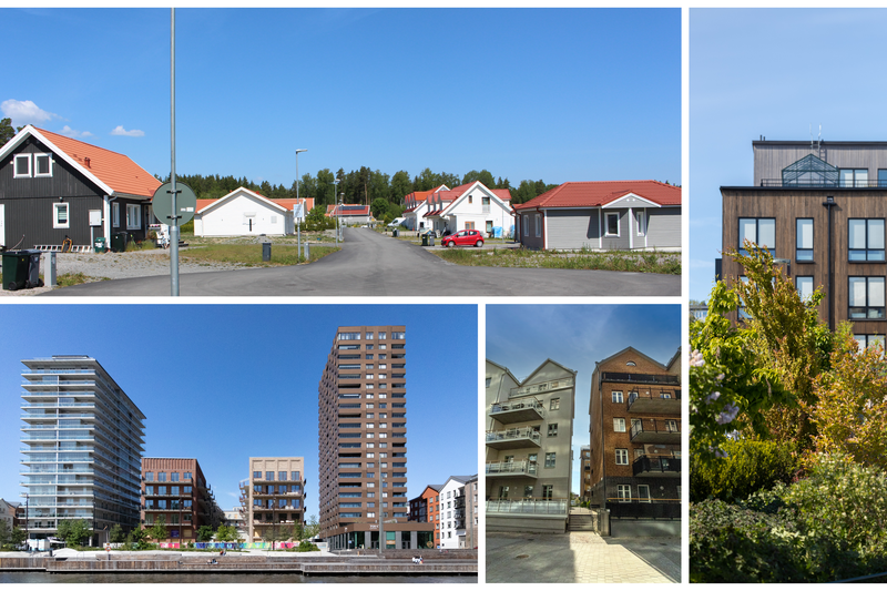 Kollage över områden med 1,5-plansvillor, höghus och lägre flerfamiljshus