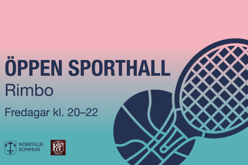 Turkos och rosa bakgrund med texten Öppen sporthall Rimbo