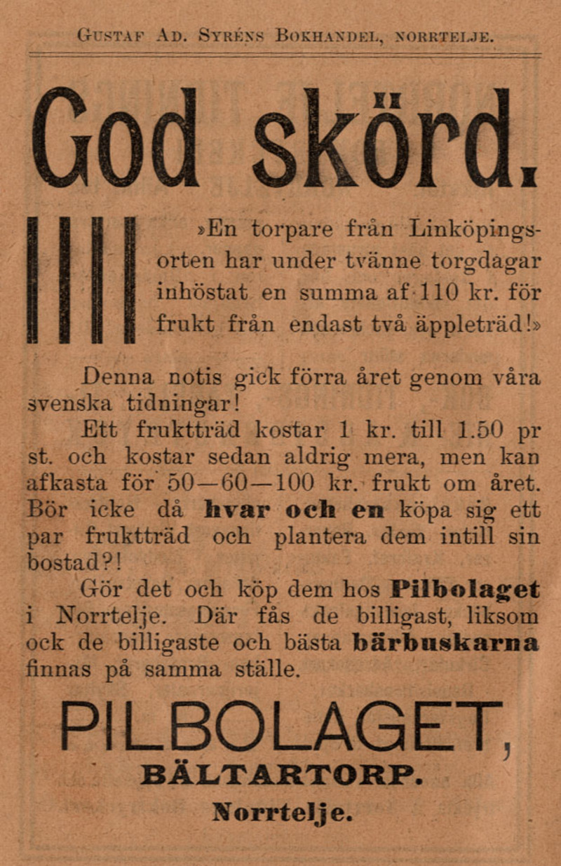 Annons om Pilbolaget och att man kan k&ouml;pa frukttr&auml;d och b&auml;rbuskar fr&aring;n Pilbolaget. Annonsen &auml;r fr&aring;n 1902.