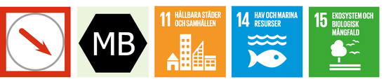 Bild: Fem symboler. Den första symbolen visar en röd pil nedåt vilket innebär att planen bedöms ha negativa konsekvenser för risk och klimatanpassning. Symbolen MB indikerar att aspekten finns med i miljöbalken. Tre symboler visar att aspekten relaterar till de globala målen Hållbara städer och samhällen, Hav och marina resurser samt Ekosystem och biologisk mångfald.