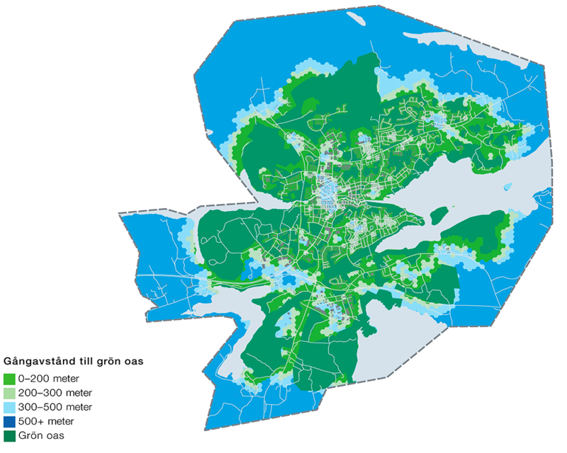 Karta över gångavstånd till grön oas