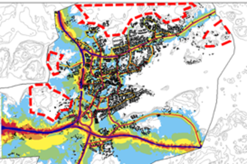 R&ouml;dmarkerade omr&aring;den som &auml;r tystare i Norrt&auml;lje stad