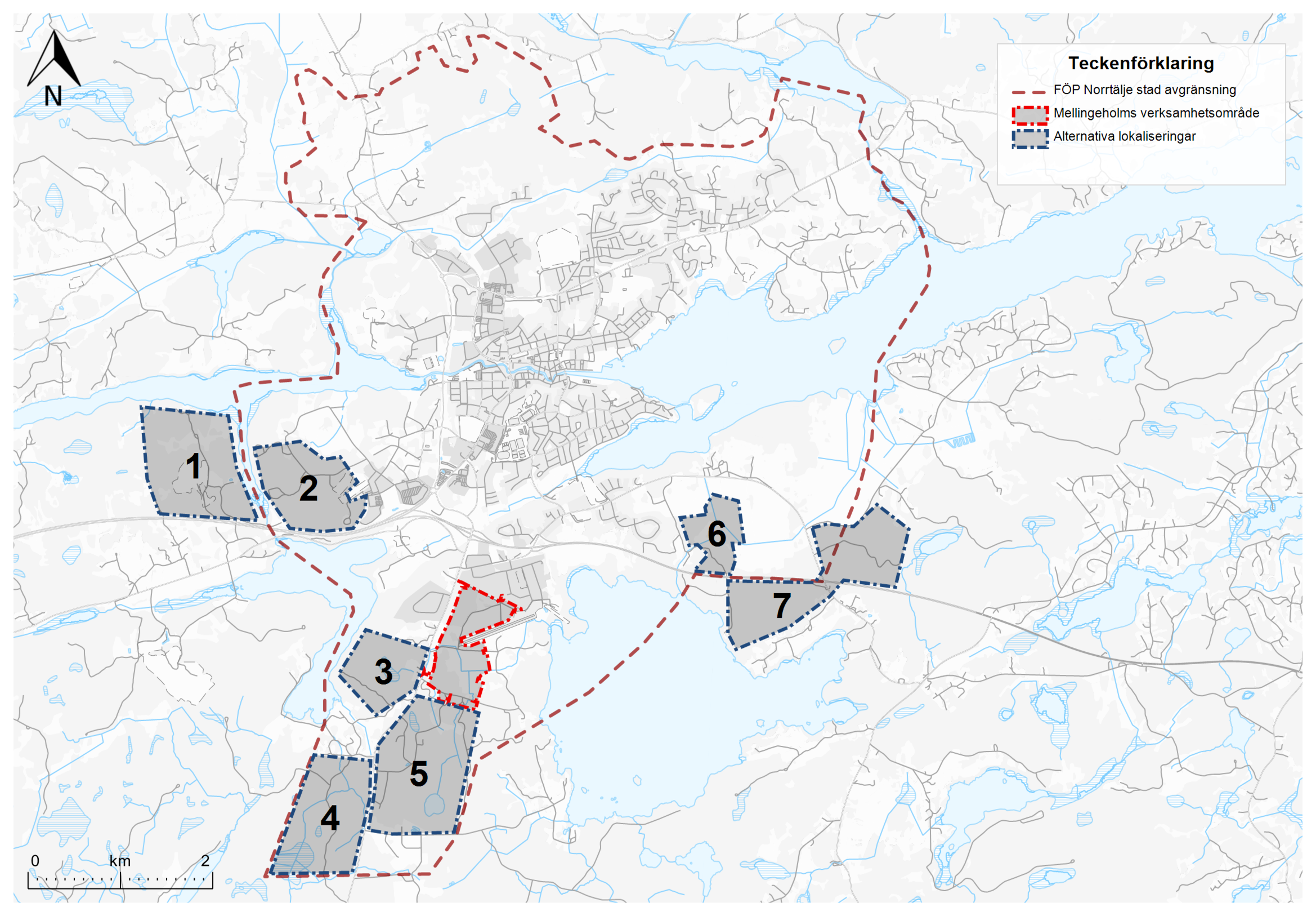 Karta som visar mellingeholms verksamhetsområde samt sju alternativa placeringar