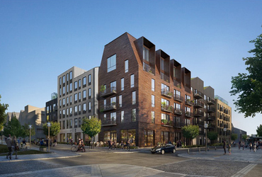 Illustration över Slättös trähusprojekt som byggs i Norrtälje Hamn