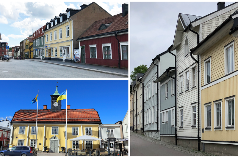 Kollage trähus på rad och rådhuset i Norrtälje stad.