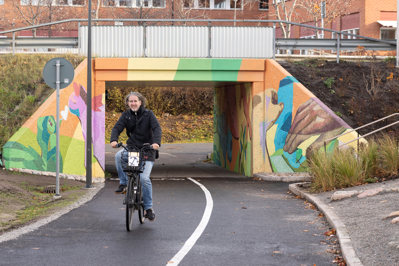 En f&auml;rgsprakande g&aring;ngtunnel och en cyklande man med l&aring;ngt h&aring;r
