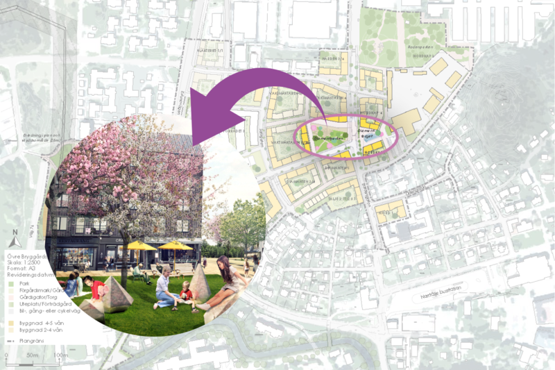 Karta med markering d&auml;r Diamantparken kommer ligga och en pil till en visionsbild som visar gr&ouml;nska, k&ouml;rsb&auml;rstr&auml;d och barn som leker