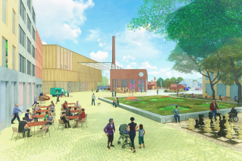 illustration &ouml;ver ett torg med det stora gamla mejeriet i bakgrunden