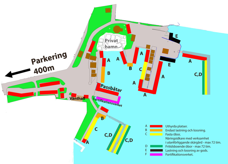 Karta &ouml;ver R&auml;vsn&auml;s hamn sommaren 2025 som visar olika kajomr&aring;den och funktioner, inklusive uthyra platser, omr&aring;den f&ouml;r lastning och lossning, fasta &ouml;bor, passb&aring;tar, v&auml;ntsal och parkering 400 meter bort.
