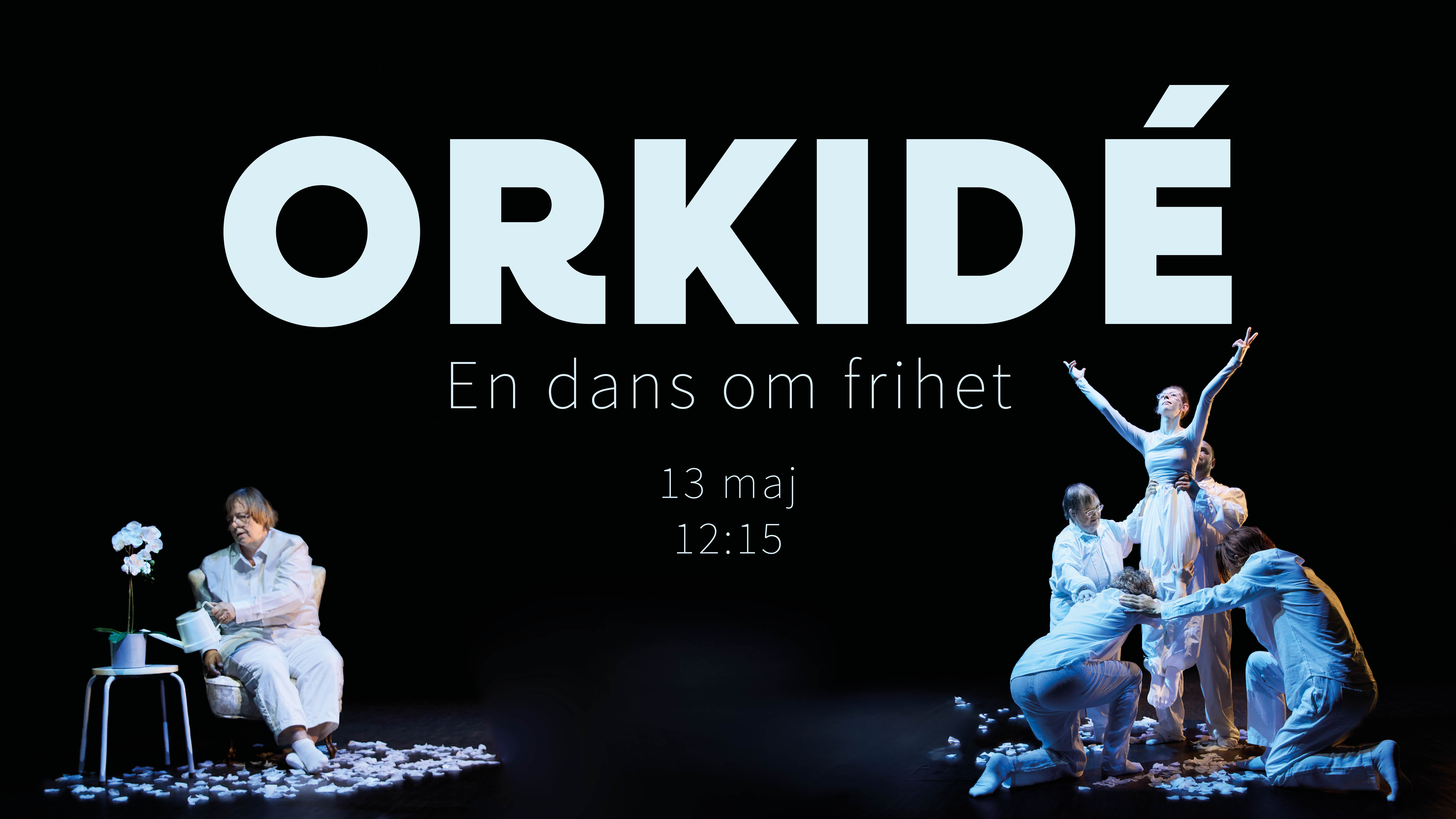 En dansare i vita kläder lyfts upp av fyra andra dansare. I bakgrunden sitter en kvinna i en fåtölj och vattnar en orkidé. På marken ligger det vita blomblad