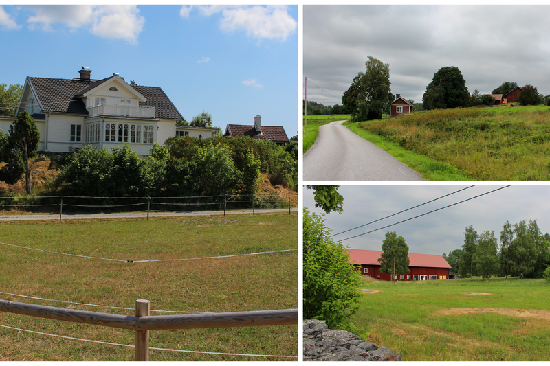 Ett kollage med ett vitt hus på en höjd, små röda stugor och en lada. Alla med en åker i förgrunden.