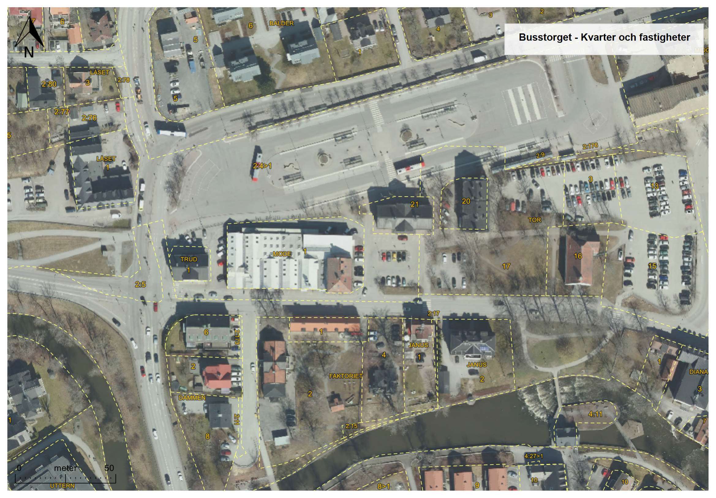 Karta &ouml;ver fastigheter och kvartersbildningar i Norrt&auml;lje stadsk&auml;rna
