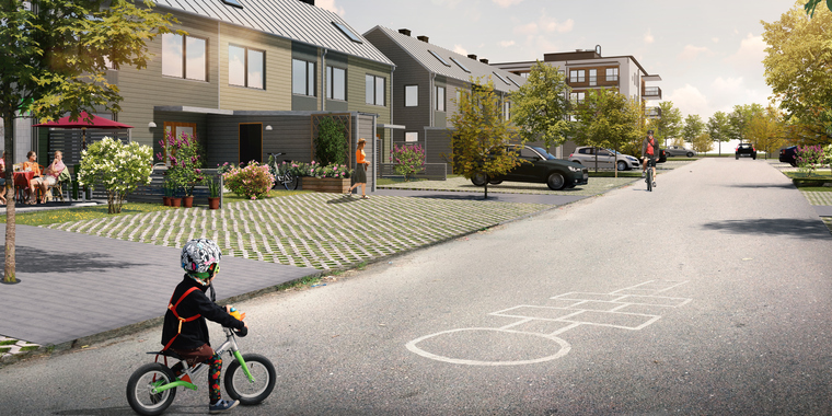 Illustration över radhusgata i området Bålbroskogen