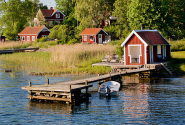 Skärgård, sommar, vatten, land, hus