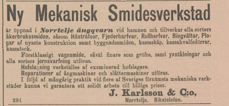 Annons om att Norrt&auml;lje &Aring;ngkvarn har &ouml;ppnat i hamnen.