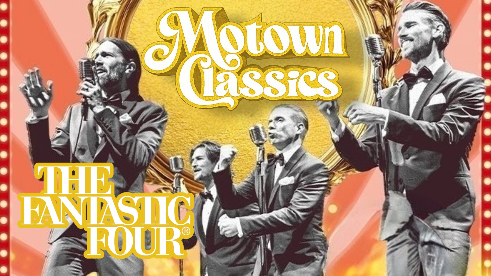 Fyra personer klädda i kavajer med mickar framför sig. Texten The Fantastic Four och Motown Classics omger kvartetten.