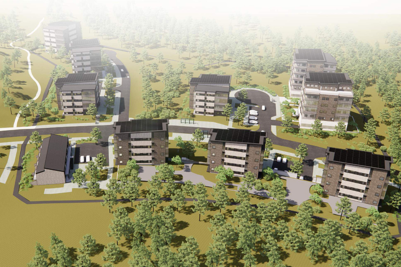 illustration av flerbostadshus i skogen