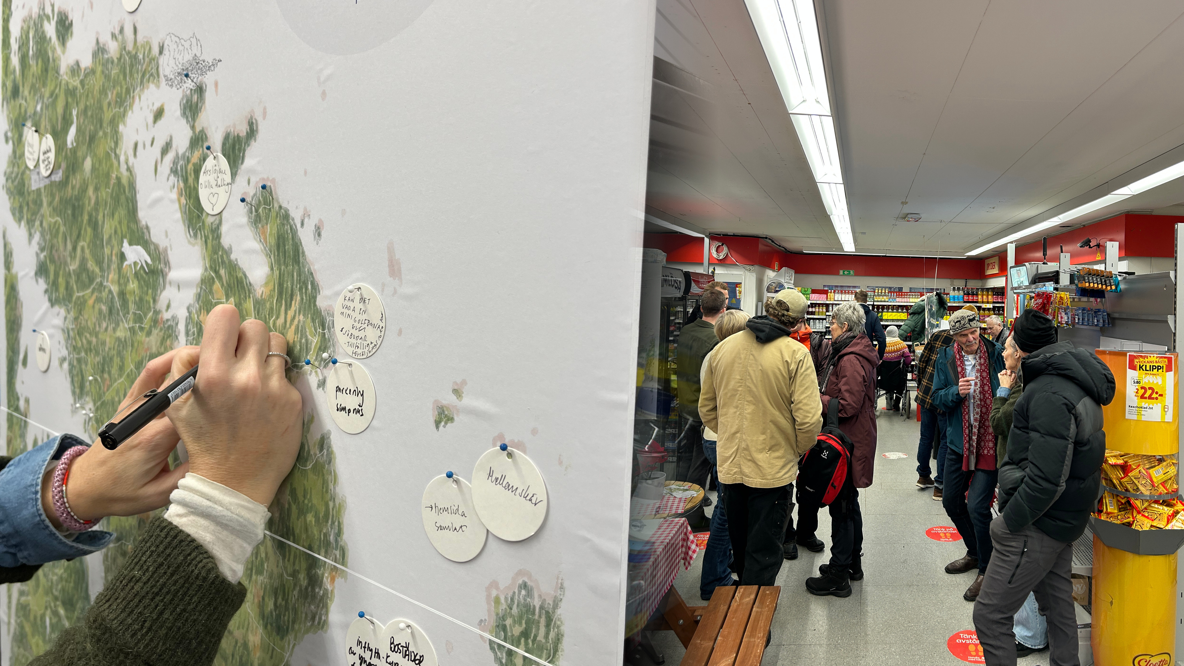 kollage av tv&aring; h&auml;nder som ritar p&aring; en karta och en grupp m&auml;nniskor samlade i en butik.