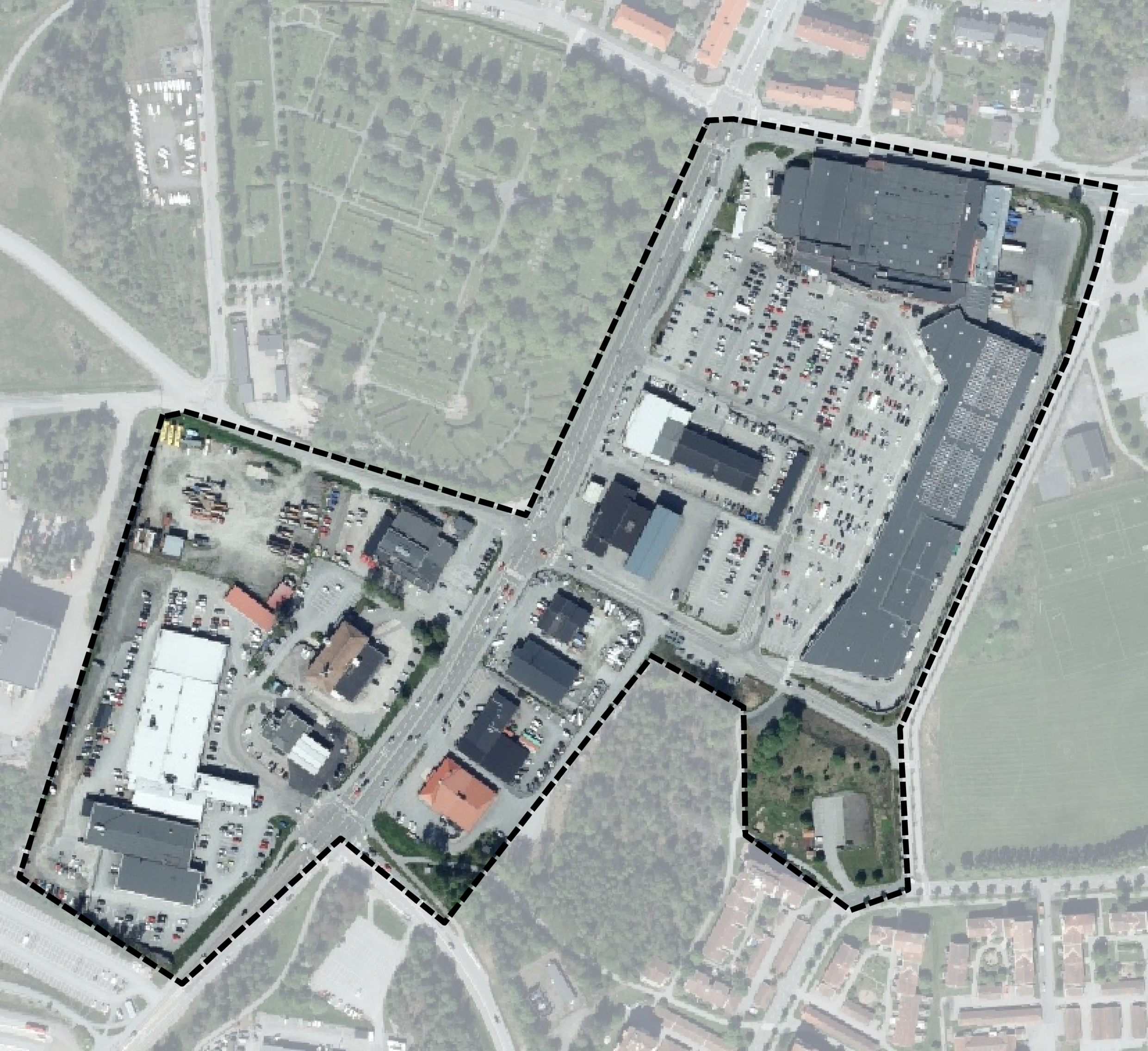 Ortofoto med markerat omr&aring;de f&ouml;r utvecklingsomr&aring;de stadsprojekt Flygfyren