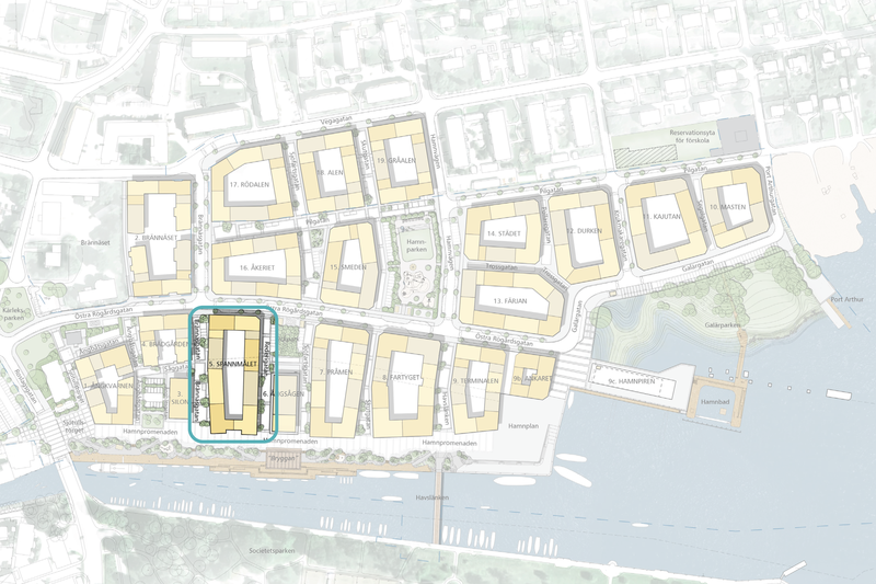 Karta med ett kvarter inringat i blått