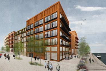 Visionsbild över kvarter Spannmålet i Norrtälje hamn.