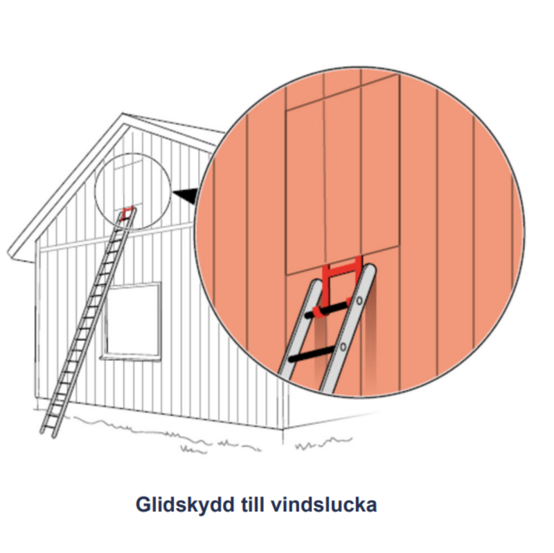 Illustration av en byggnad med en l&ouml;s markstege placerad mot en vindslucka p&aring; gaveln. Inzoomad detalj visar ett r&ouml;tt glidskydd monterat under vindsluckan, d&auml;r stegen hakas fast f&ouml;r att f&ouml;rhindra att den glider.